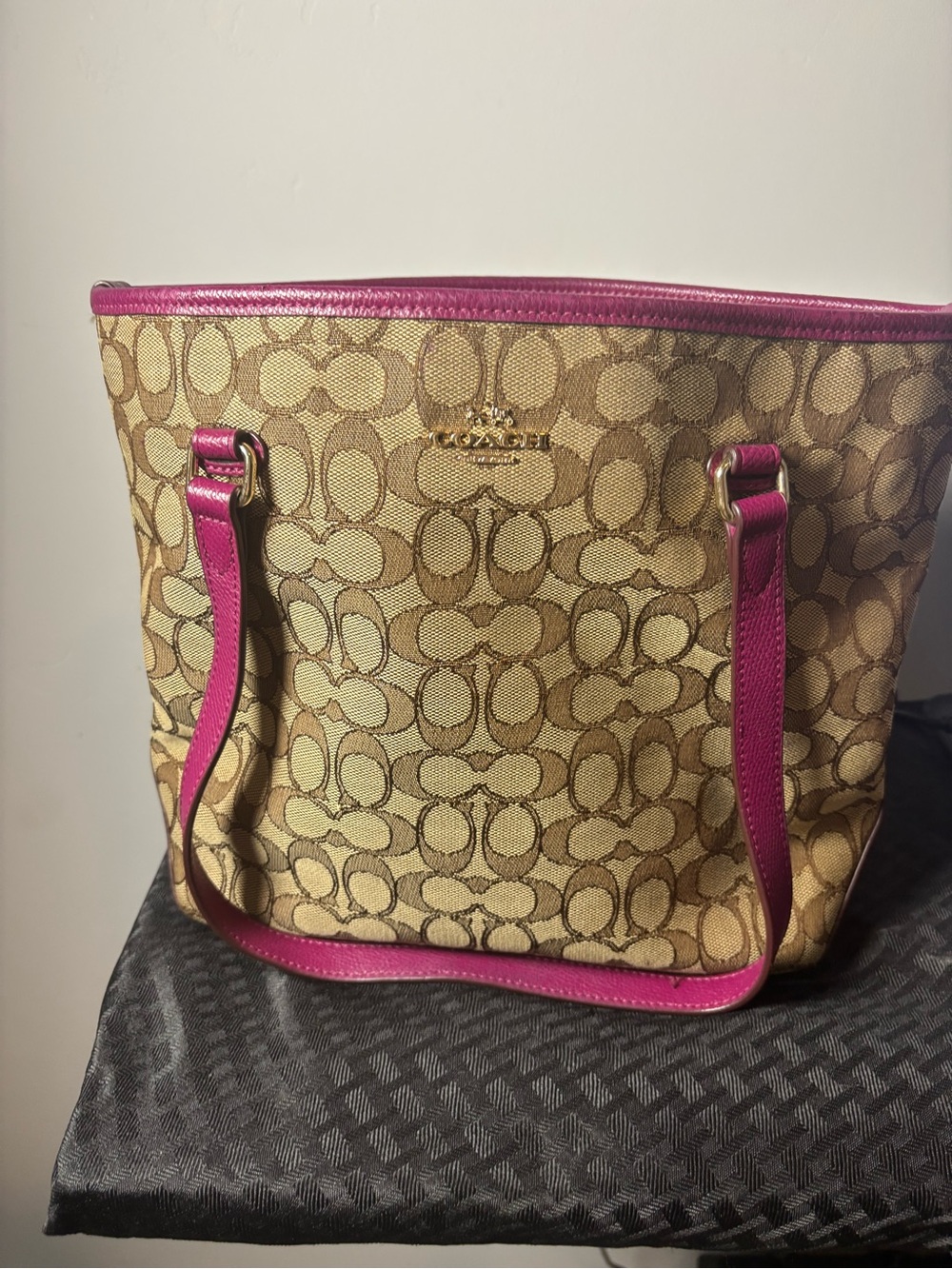 Coach Signature Canvas Tote with Pink Leather Trim